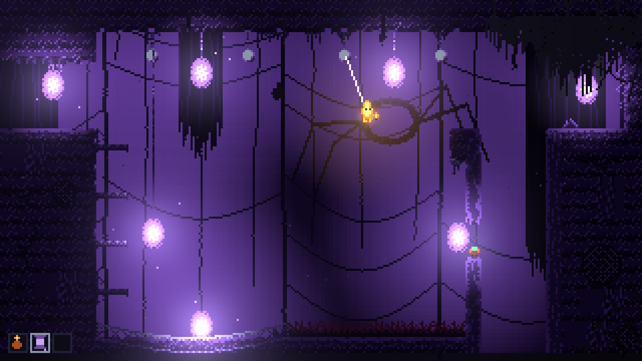 Mote swings from a silk line through a violet hall of hanging cocoons and old webs.