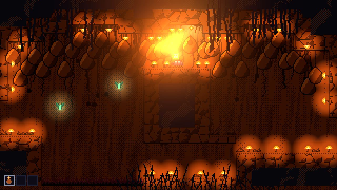 A glowing seed lights a hanging orchard of roots and fruit in deep orange, in a dark pixel-art cavern.